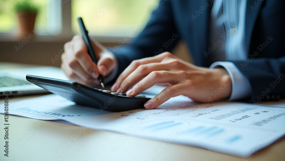 Smart Businessman Managing Finances with Calculator and Notes Smart Businessman Managing Finances with Calculator and Notes