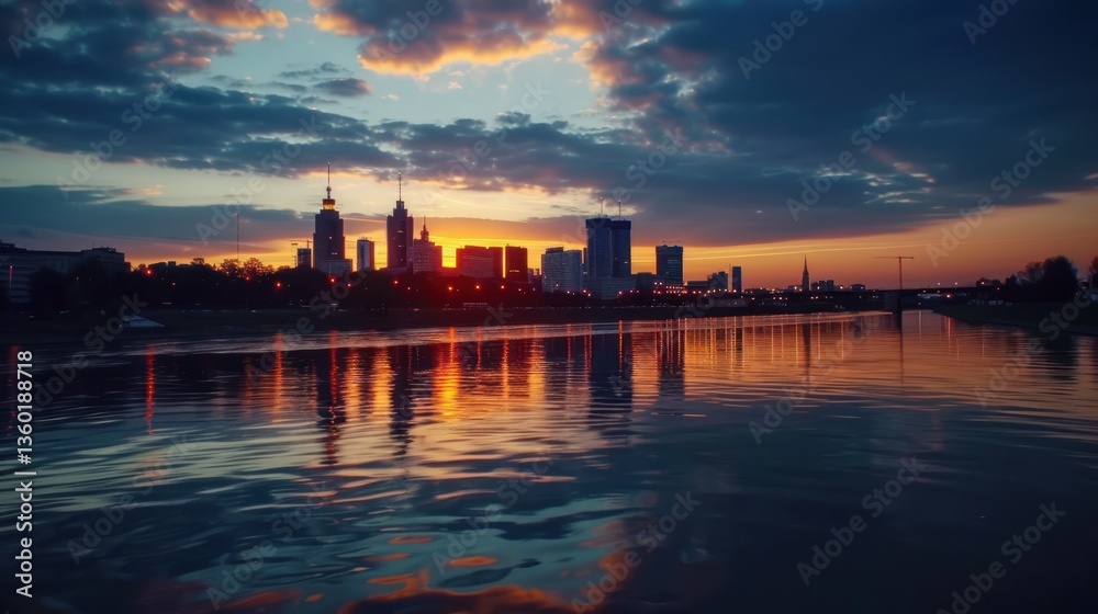 Fototapeta premium A city skyline is reflected in the water at sunset.