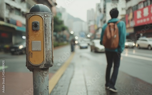 Wallpaper Mural A person with a backpack walks away from the camera on a city street during a rainy day. A weathered pedestrian crossing button is in the foreground. The overall mood is subdued and slightly Torontodigital.ca