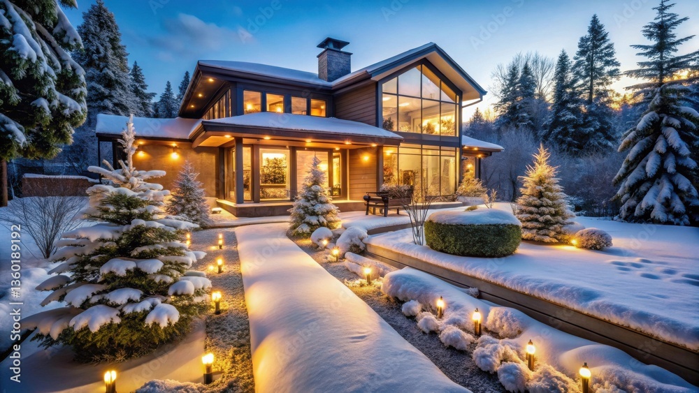 A snow-covered modern house pathway lit by warm outdoor lights, surrounded by evergreen trees and winter landscaping in a serene evening setting. A snow-covered modern house pathway lit by warm outdoor lights, surrounded by evergreen trees and winter landscaping in a serene evening setting.
