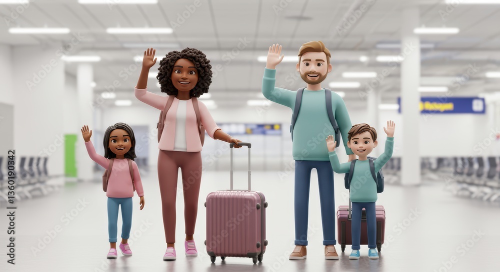 Fototapeta premium Happy Family Waving Goodbye at Airport with Luggage and Backpacks