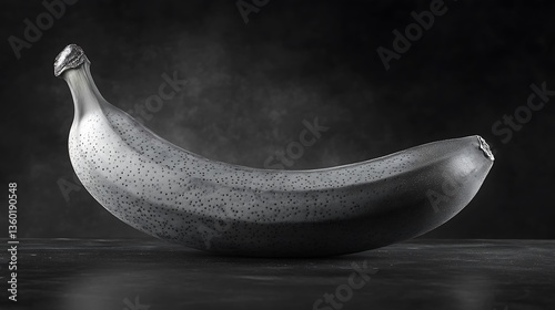 A monochromatic banana rests on a surface in dim lighting