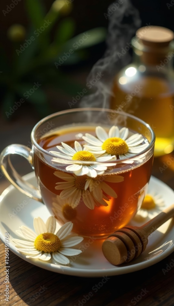 Close-up of a steaming cup of chamomile herbal tea with flowers and honey, honey, relaxation, close-up Close-up of a steaming cup of chamomile herbal tea with flowers and honey, honey, relaxation, close-up