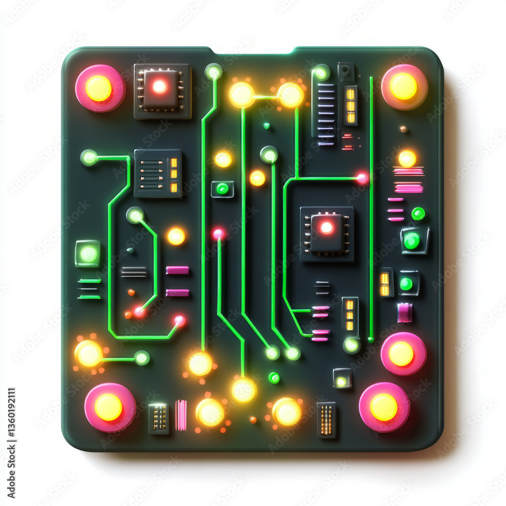 3D Vector of Cartoon AI Circuit Board with Luminescent Effects. 3D Vector of Cartoon AI Circuit Board with Luminescent Effects.