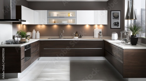 Modern kitchen design with white upper cabinets, dark wood base cabinets, and light countertops
