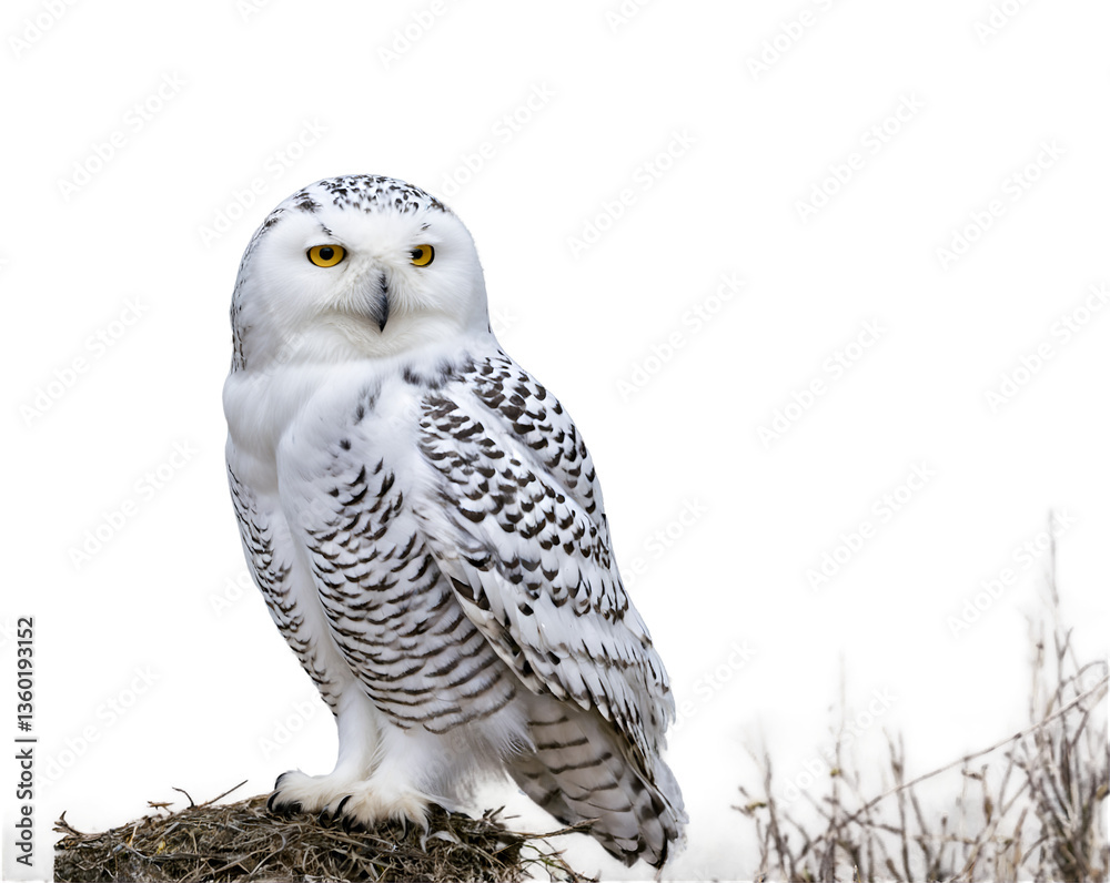 Obraz premium Captivating Portrait of a Snowy Owl, A Majestic Bird of Prey with Striking Yellow Eyes and White Plumage, Perched on a Weathered Branch Against an Ominous, Dark Backdrop