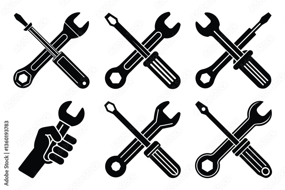 set of labour day vector silhouette with Wrench hammer Icon set of labour day vector silhouette with Wrench hammer Icon