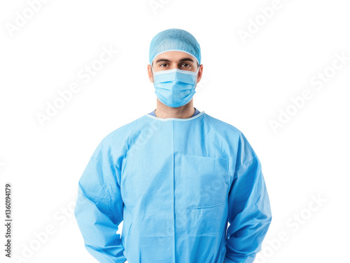 Healthcare professional in protective gear during medical procedure on a transparent background, cut out