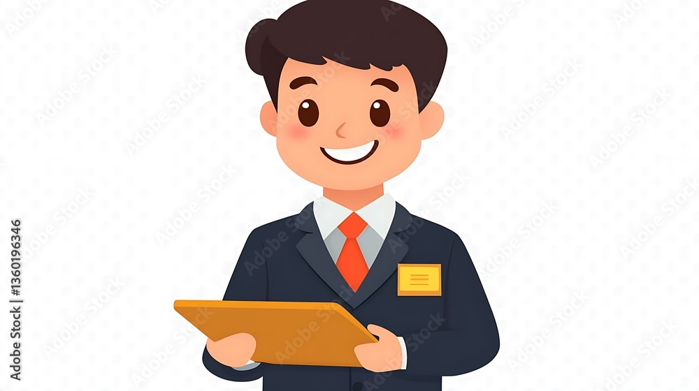 Smiling cartoon person with a suit holding a tablet Smiling cartoon person with a suit holding a tablet