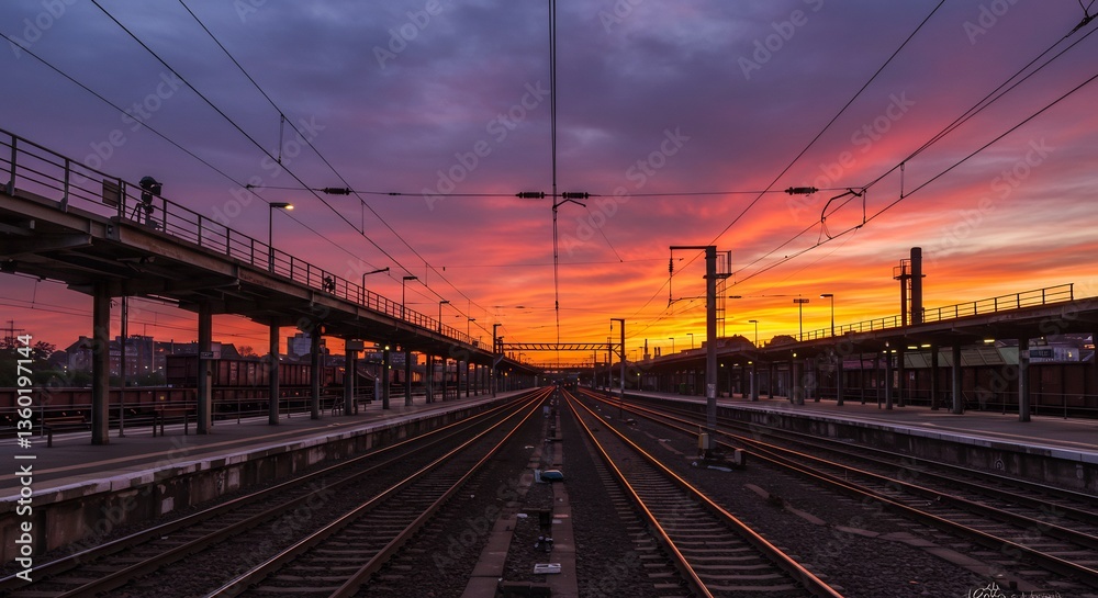 Obraz premium Vibrant sunset colors paint the railway tracks at twilight.. AI Generated