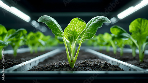 This image displays a close-up of vibrant green seedlings growing in a controlled environment. It showcases an indoor vertical farming system perfect for sustainable food production.