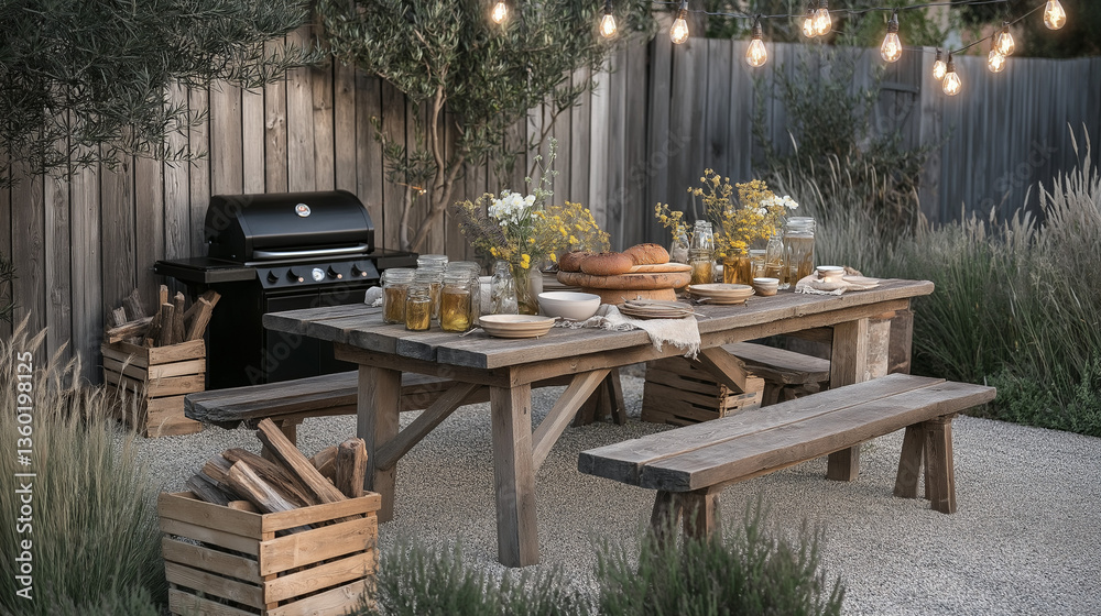 Fototapeta premium Outdoor Dining Table With Grill And Decor