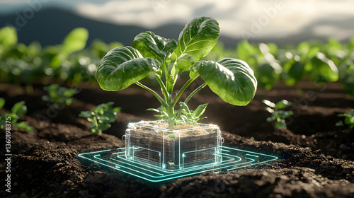 A futuristic farm concept with plants growing in a high-tech device. The image explores sustainable agriculture. Potential for automated crop management is visible.