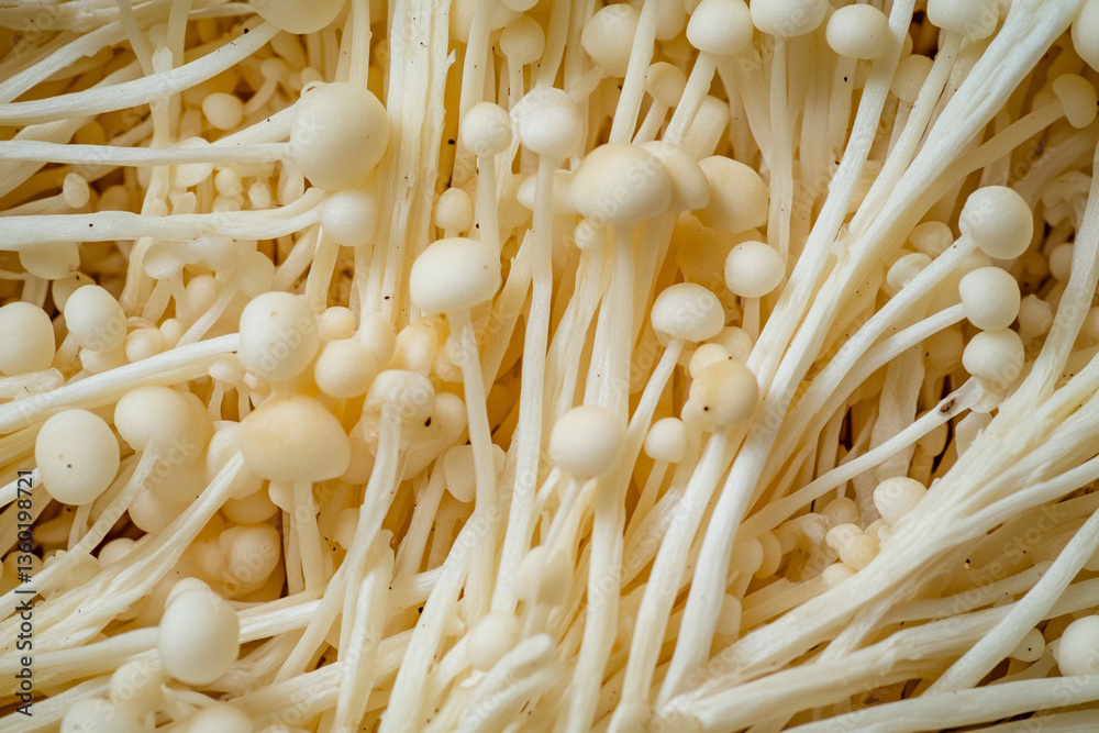 Close-up view of fresh enoki mushrooms displaying long, slender stems and petite caps, ideal for various dishes Close-up view of fresh enoki mushrooms displaying long, slender stems and petite caps, ideal for various dishes