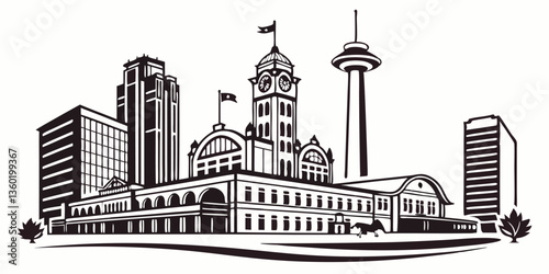 Fort Worth vector silhouette skyline featuring the Stockyards, Sundance Square, and urban skyline.