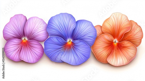 Three beautiful, multicolored pansy flowers depicted in detailed graphic illustration