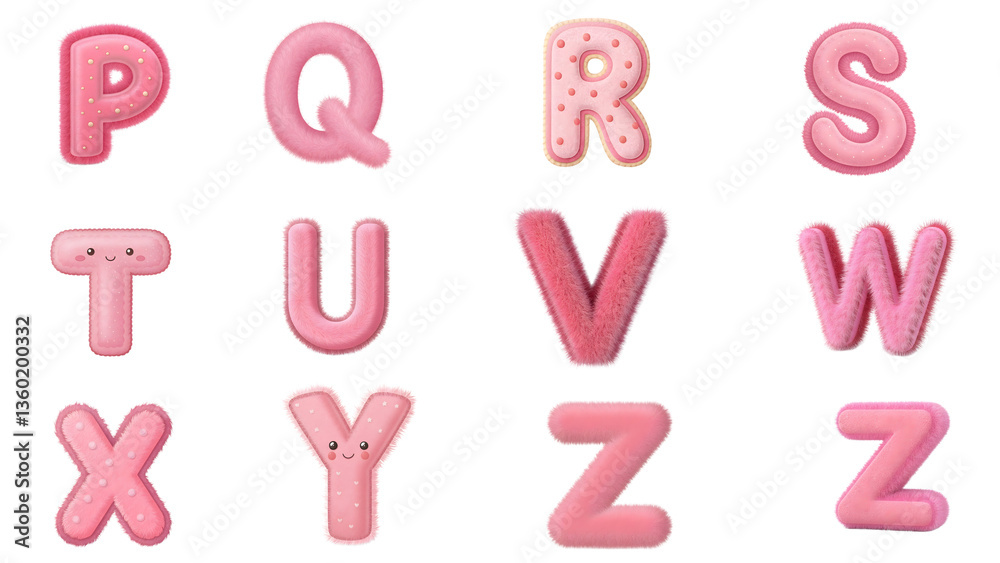 Delightful pink alphabet letters, some fuzzy, others dotted, perfect for crafting playful designs and cute projects, showcasing a charming and sweet aesthetic. Delightful pink alphabet letters, some fuzzy, others dotted, perfect for crafting playful designs and cute projects, showcasing a charming and sweet aesthetic.