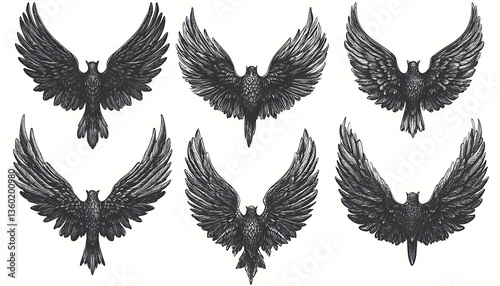 Six drawings of birds with outstretched wings show detail
