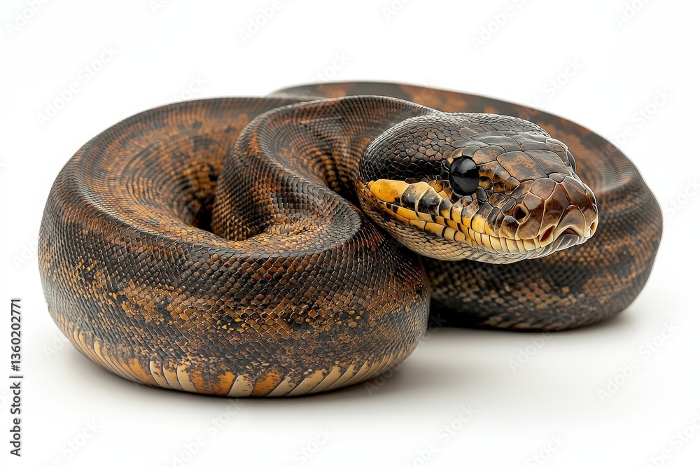 Obraz premium Close-up of a coiled ball python with intricate scale patterns on white background