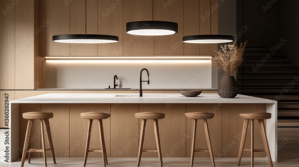 Modern kitchen setup with bar stools and hanging lights Modern kitchen setup with bar stools and hanging lights