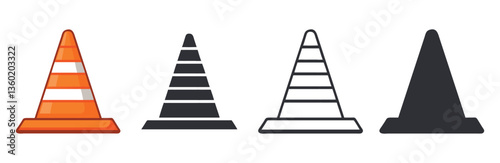 Set of Traffic Cone Icons in Black and White, Simple Vector Design for Road Safety and Construction
