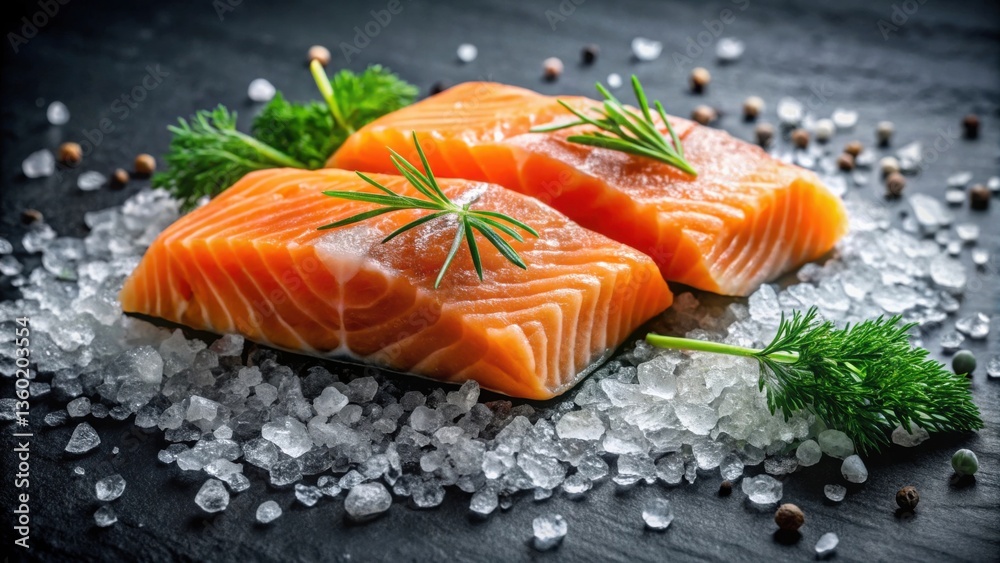 Fresh Salmon Fillets Garnished with Herbs, Resting on a Bed of Ice Crystals Fresh Salmon Fillets Garnished with Herbs, Resting on a Bed of Ice Crystals