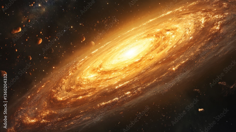 Fototapeta premium Spiral galaxy with bright core, cosmic debris, and nebulous structures.