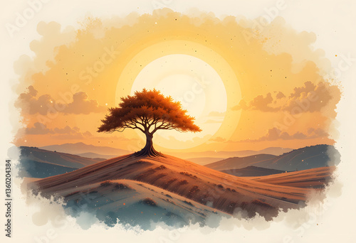 sunset over the mountains with tree