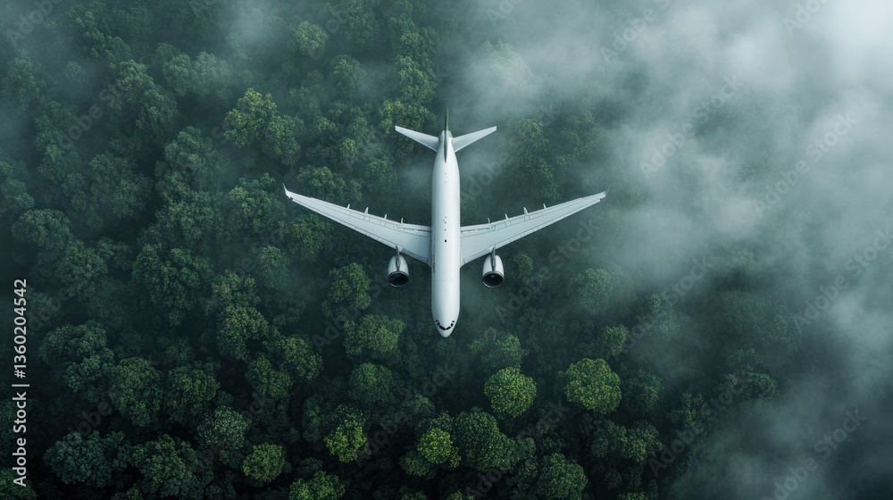 Fototapeta premium Airplane Flying Over a Foggy Forest