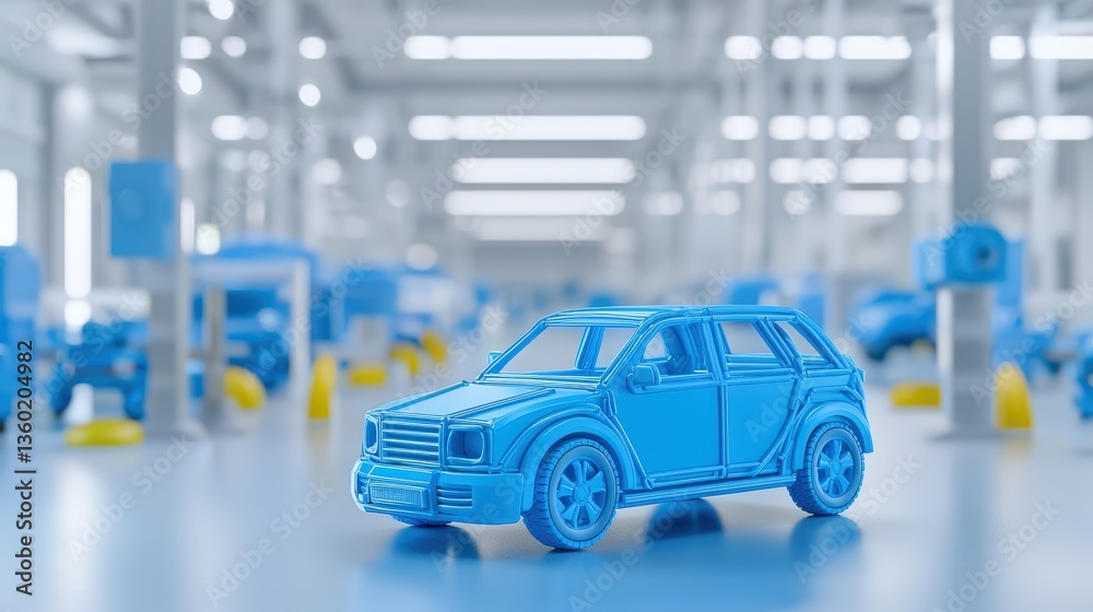 Fototapeta premium A sleek blue model car sits prominently in a modern automated car manufactu plant showcasing advanced technology and efficient production processes.