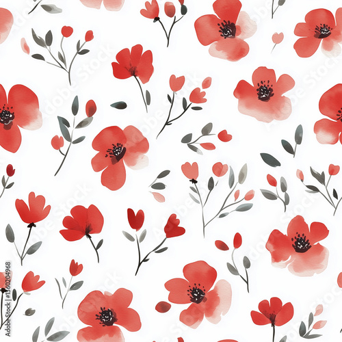 Wallpaper Mural Cute red florals watercolor seamless pattern on white background. Flower vector illustration Torontodigital.ca