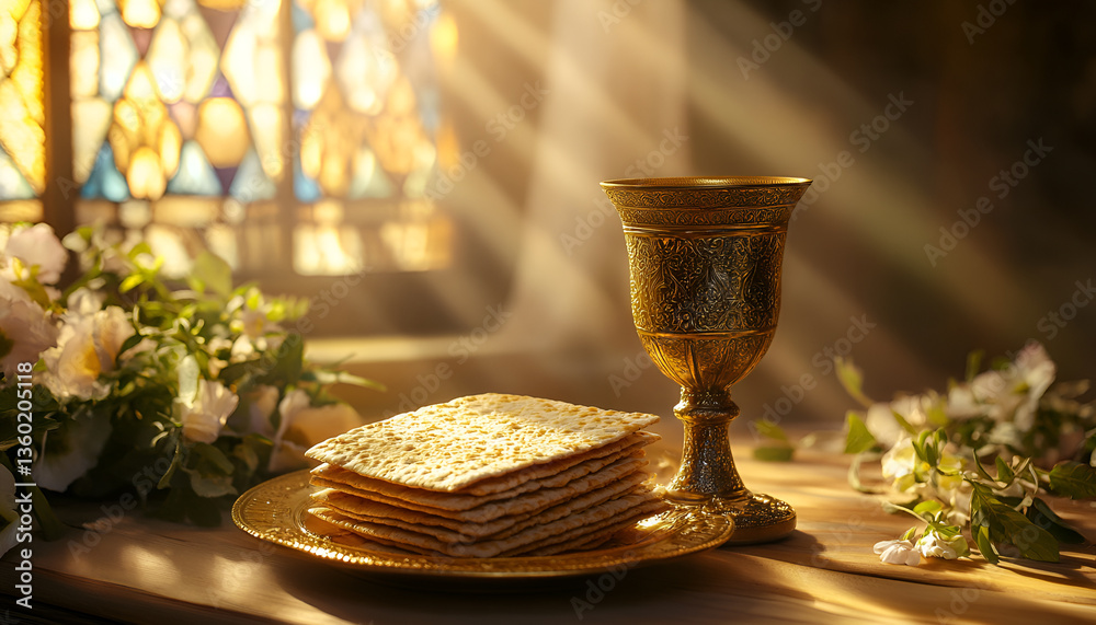 Fototapeta premium Jewish Pesach festivity: happy Passover, matzo symbolism, matzoh tradition, festive background, sacred observance, cultural essence, religious significance, celebration banner, holiday design