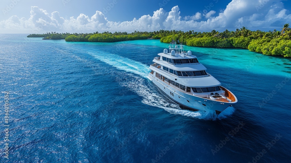 Fototapeta premium A large white boat is sailing on the ocean. The boat is surrounded by trees and the water is blue