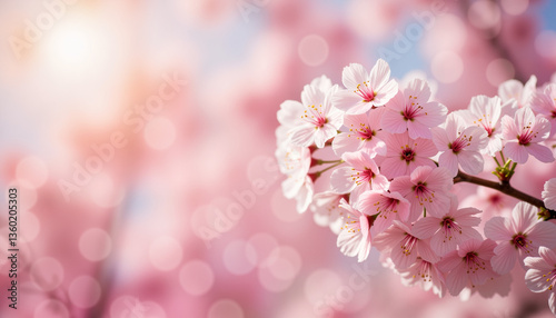 Rain-kissed cherry blossoms in city park, spring beauty
