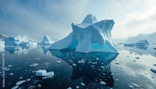 Arctic seascape with a huge iceberg floating in a deep blue ocean, crisp cold lighting highlighting the icy expanse  
