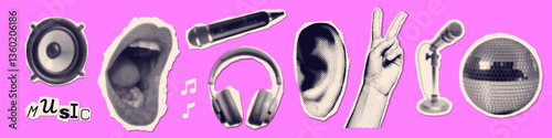 Vintage music collage paper stickers set with audio microphone singing mouth, headphones, mirror ball, ear and hand on neon pink background. Dotted mixed media vector cut-out elements