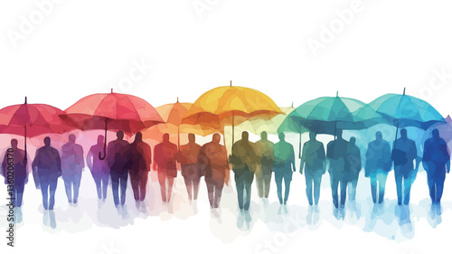 The image is a stylized illustration depicting a group of human silhouettes standing under a row of brightly colored, translucent umbrellas.  The umbrellas are arranged in a rainbow gradient of