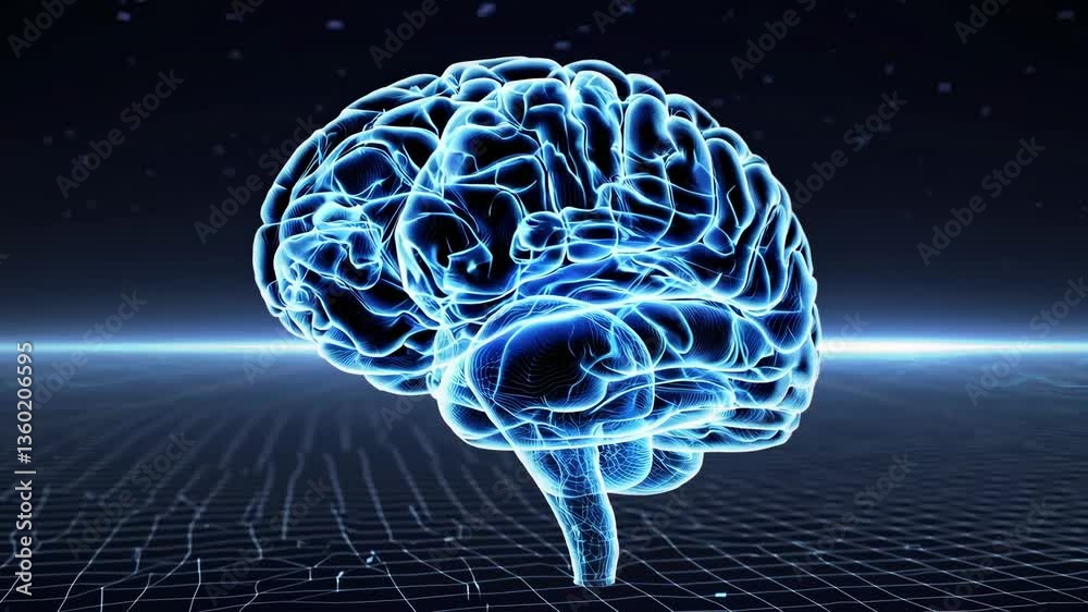 Rotating digital brain model in futuristic blue light on grid surface