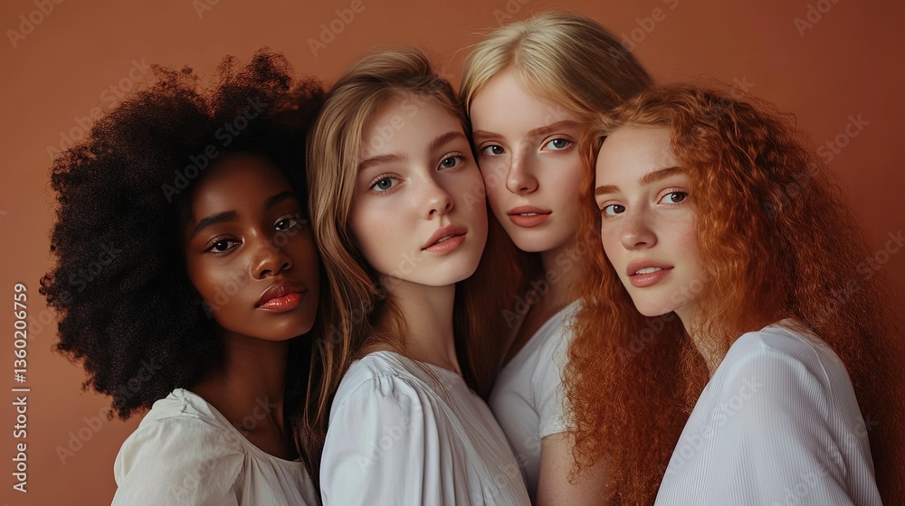 Model woman group standing in a studio on a brown background and posing for promoting health and equality. Model woman group standing in a studio on a brown background and posing for promoting health and equality.