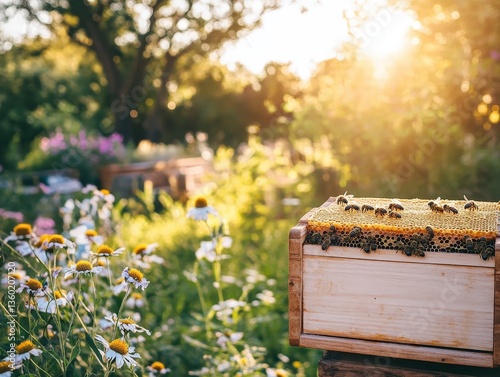 A backyard beekeeping setup with sustainable honey production and wildflowers