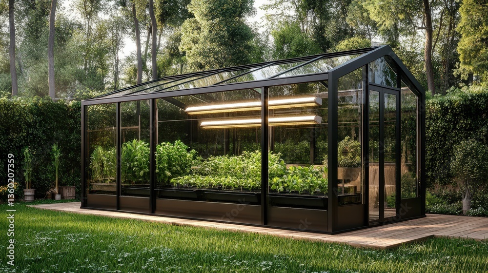 A backyard greenhouse using hydroponics to grow fresh organic vegetables A backyard greenhouse using hydroponics to grow fresh organic vegetables