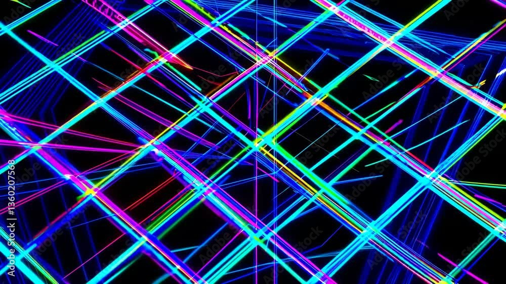 Dynamic neon lights creating vibrant geometric patterns and colorful grids