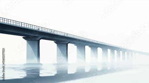 The image shows a long, straight bridge extending from the foreground into the distance. The bridge is made of concrete with visible pillars supporting the roadway. A thick fog or mist obscures the