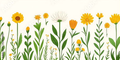 Colorful wildflowers in a botanical illustration over a cream background