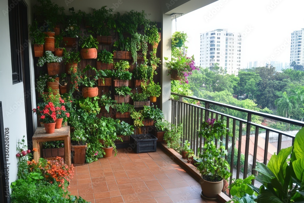 A lush balcony garden with vertical planters and a small composting system A lush balcony garden with vertical planters and a small composting system