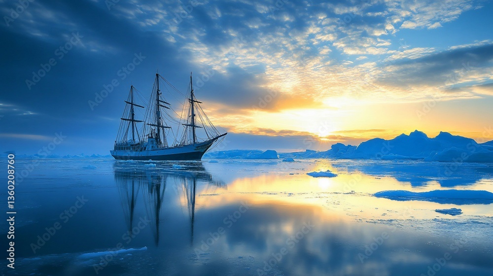 Fototapeta premium Arctic sunset, sailboat, icebergs, calm sea, travel