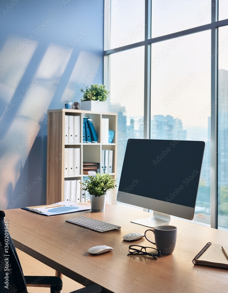 Fototapeta premium Office room with computer, office supplies and coffee cup. Generated image