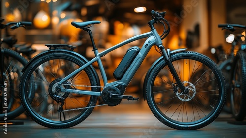 A bicycle with a black frame and a silver seat is parked in a store. The bike is a hybrid electric bike, which means it has an electric motor to help with pedaling. The bike is in a dimly lit room