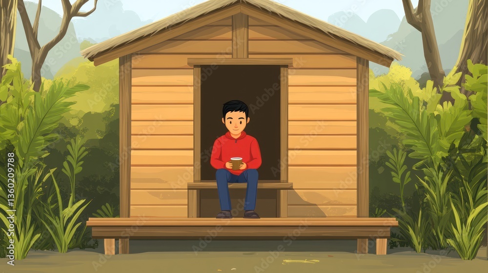 Man sits in small wooden hut, holding a drink, natural surroundings. Possible use Stock photo for articles on relaxation, solitude, or rural life Man sits in small wooden hut, holding a drink, natural surroundings. Possible use Stock photo for articles on relaxation, solitude, or rural life
