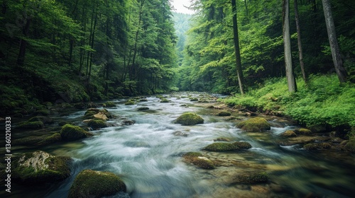 Serene river flows through lush green forest, creating a tranquil landscape
